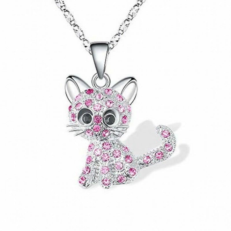 Silver tone Baby Kittens and Coloured Zirconia Necklace