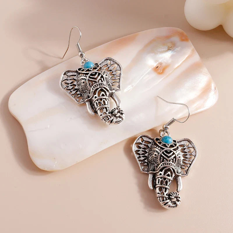 Vintage Elephant Drop Earrings Silver tone Bohemian