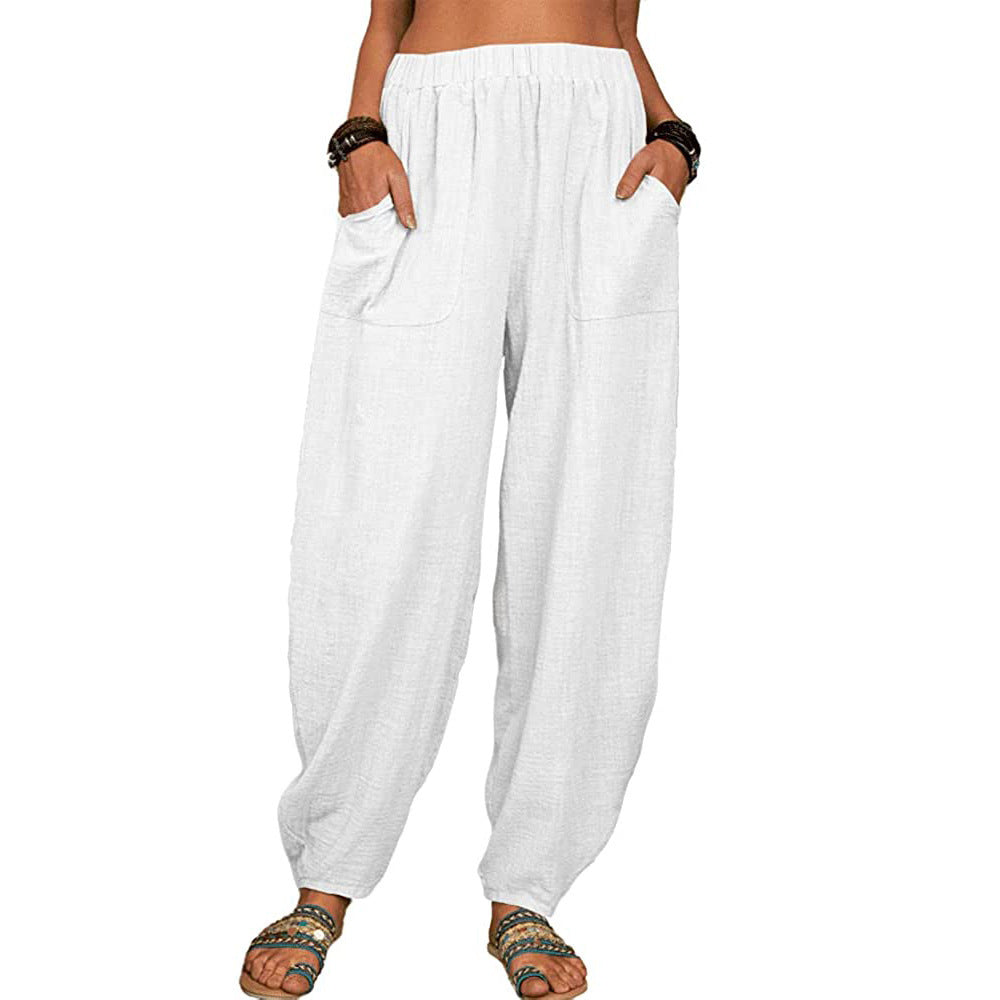 Boho Pants Solid Balloon-Leg Linen Trousers