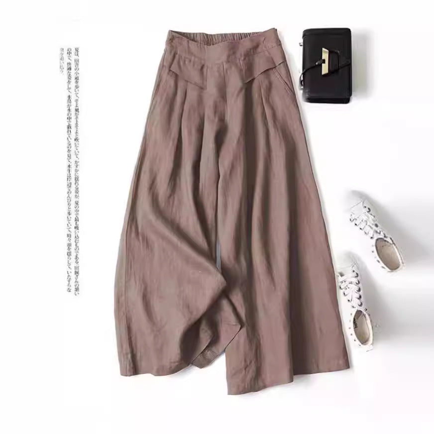 Casual High-Waist Pleated Linen Wide-Leg Pants