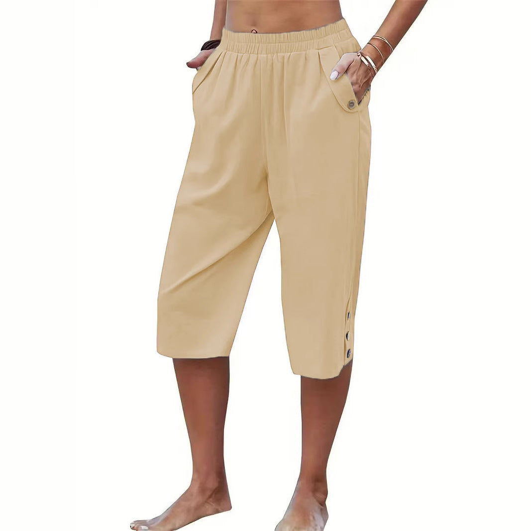 Comfortable Button Detail Cropped Pants