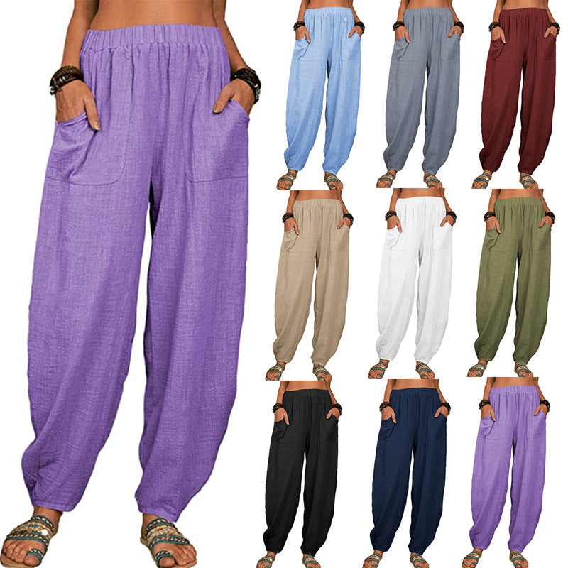 Boho Pants Solid Balloon-Leg Linen Trousers