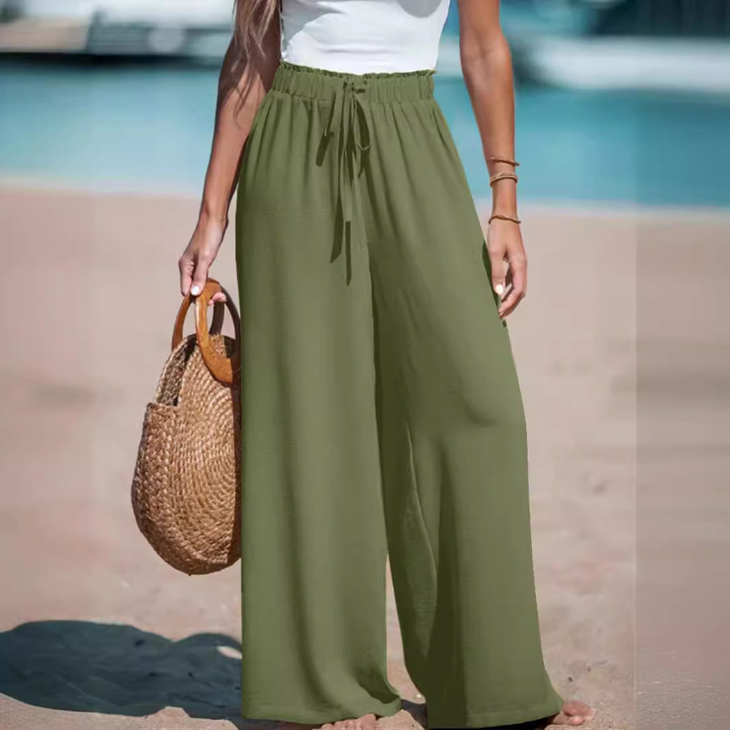 Casual High-Waist Drawstring Wide-Leg Beach Pants