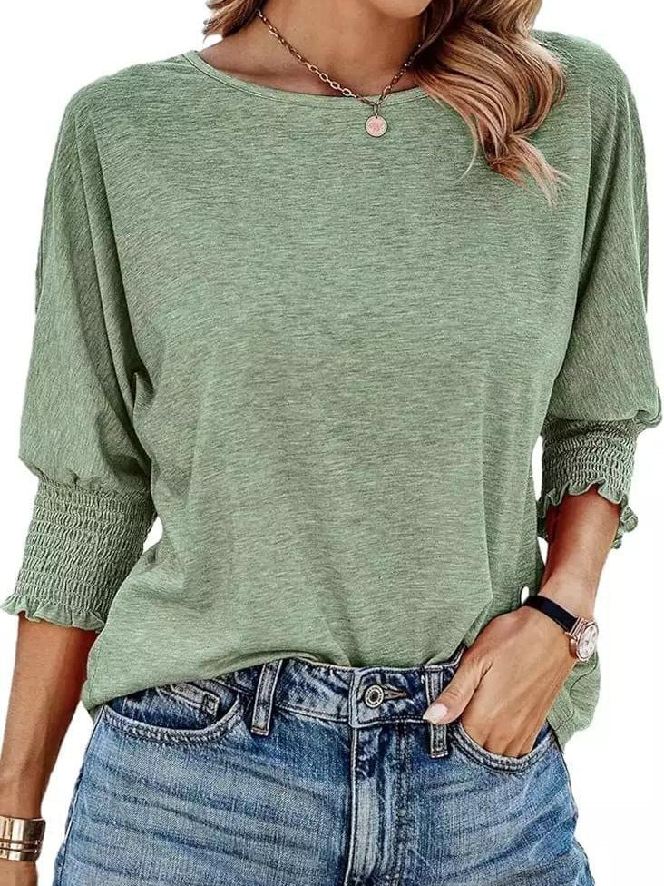 Smocked-Cuff Casual Dolman Sleeve Blouse