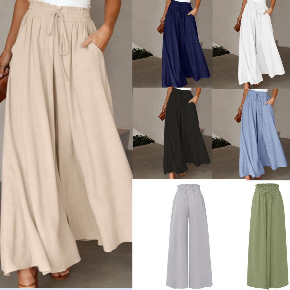 Casual High-Waist Drawstring Flowy Palazzo Pants