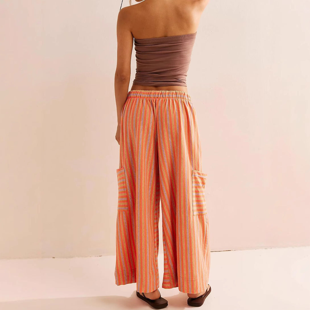 Button-Detail Striped Summer Casual Straight Pants