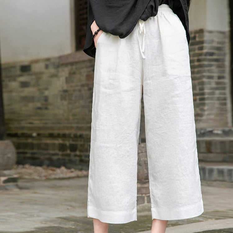 Casual Solid Linen Drawstring Wide-Leg Pants