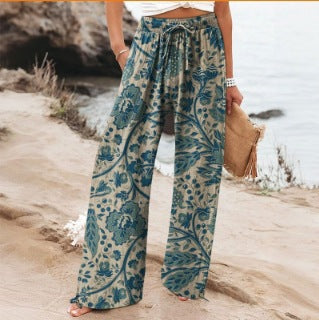 Floral Print Wide-Leg Drawstring Pants