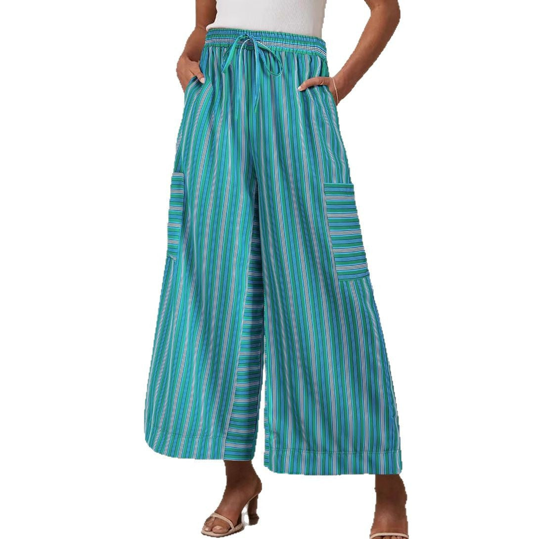Button-Detail Striped Summer Casual Straight Pants