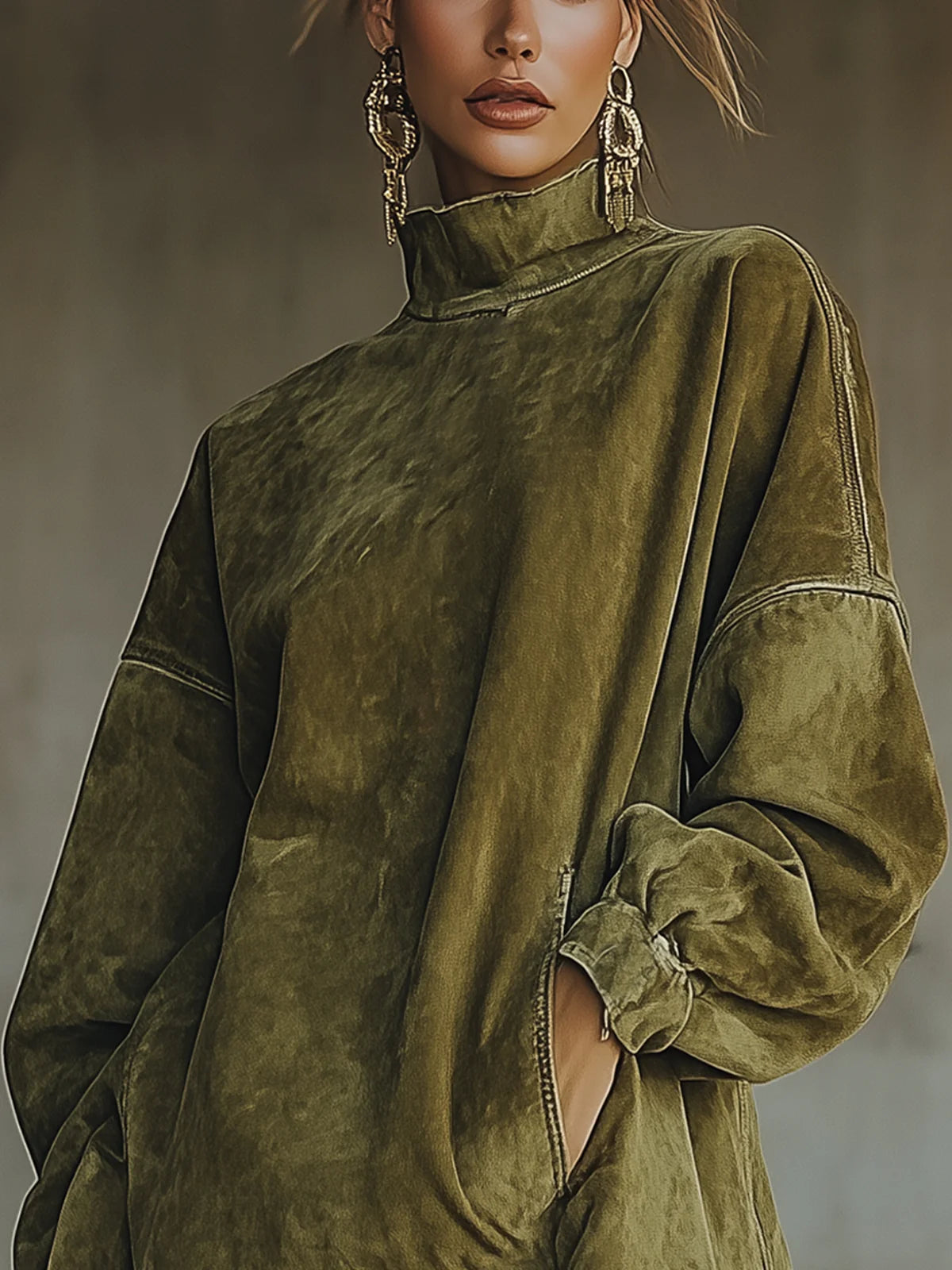 Francine™ | Washed Fringe-Hem Mock-Neck Sweatshirt Dress