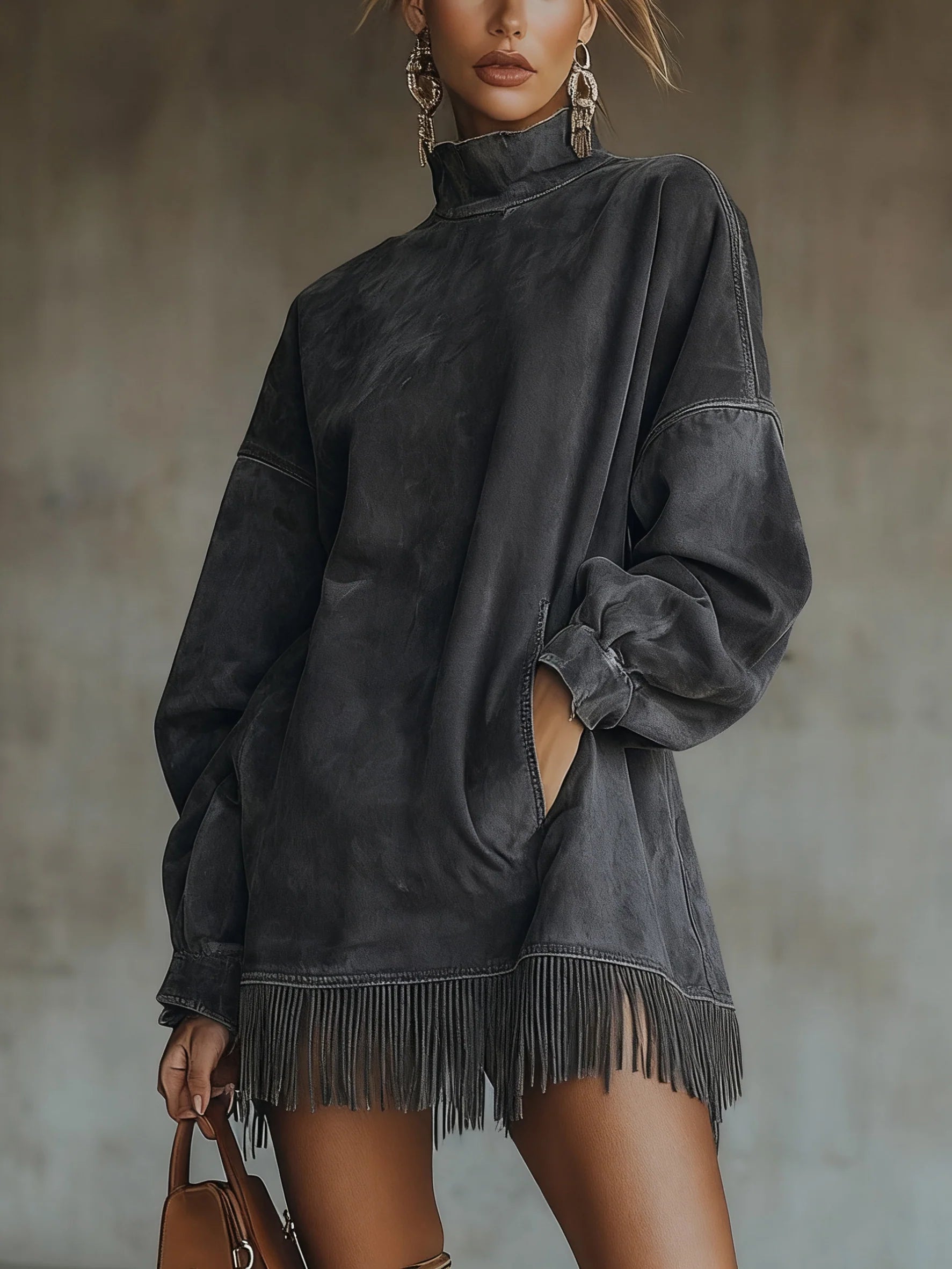 Francine™ | Washed Fringe-Hem Mock-Neck Sweatshirt Dress