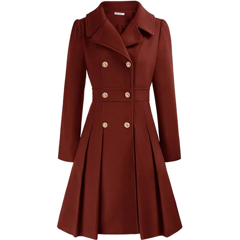 Alethea™ | Pleated Double-Breasted Fit-and-Flare Coat