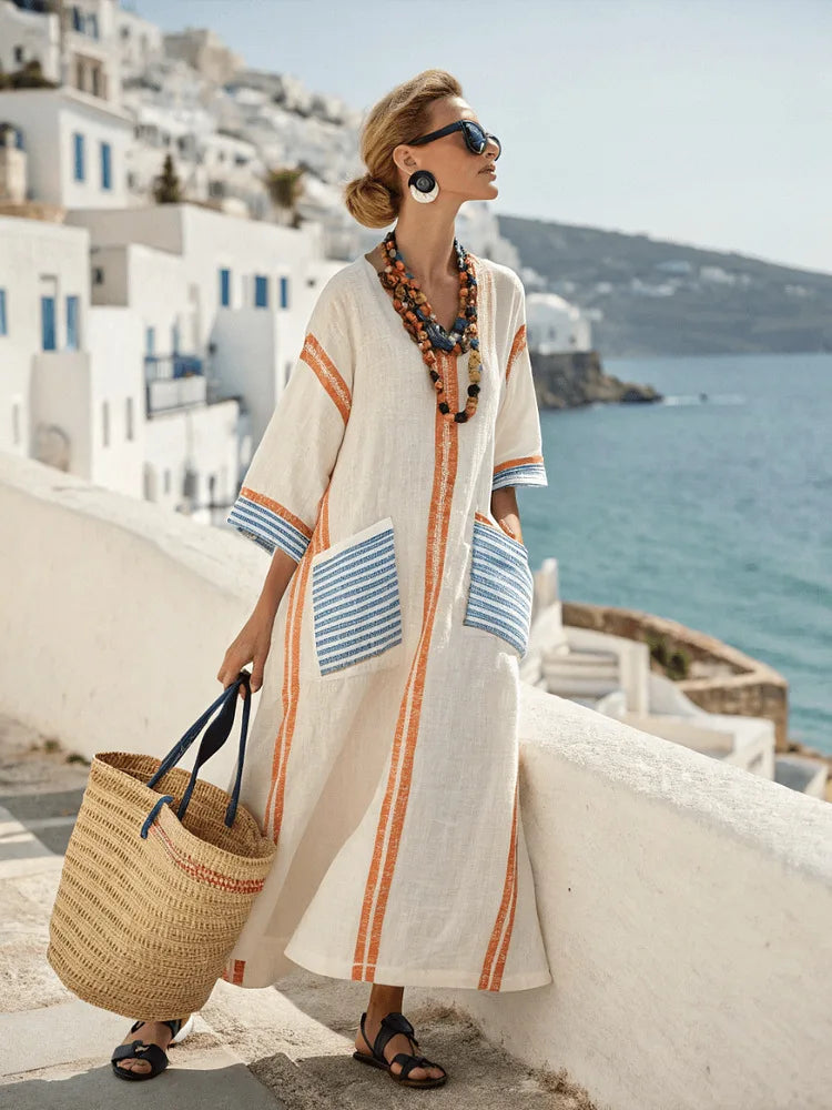 Striped Pocket Linen Resort Dress