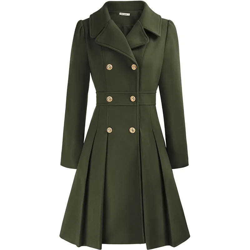 Alethea™ | Pleated Double-Breasted Fit-and-Flare Coat