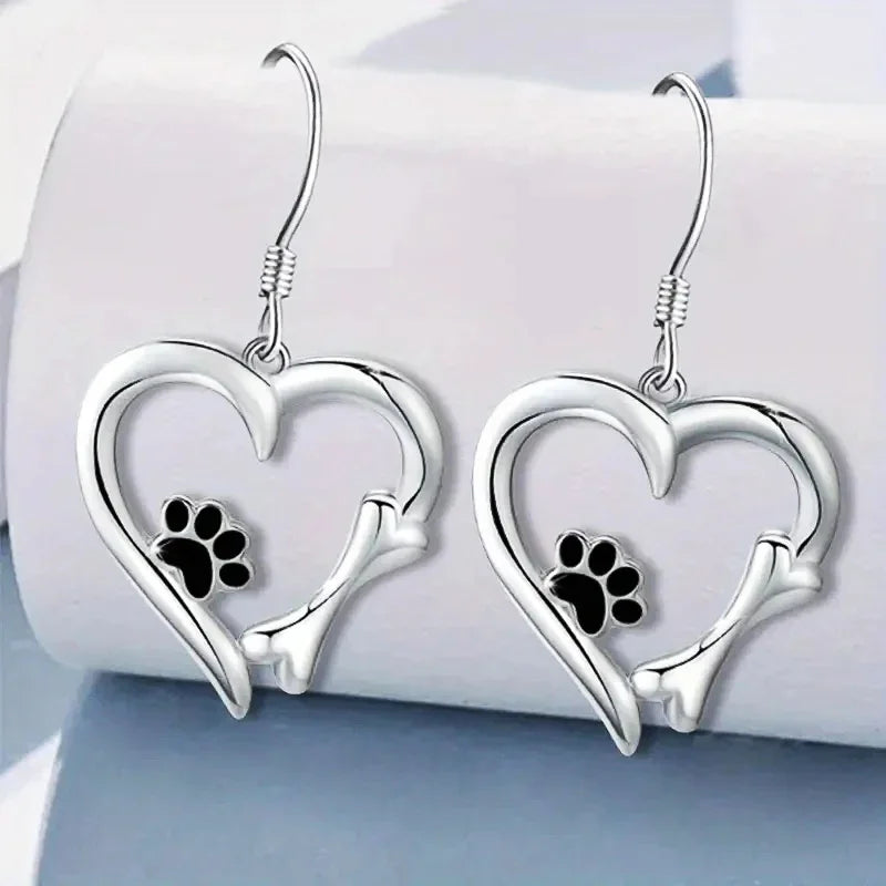 Drop Earrings with Heart & Paw Design