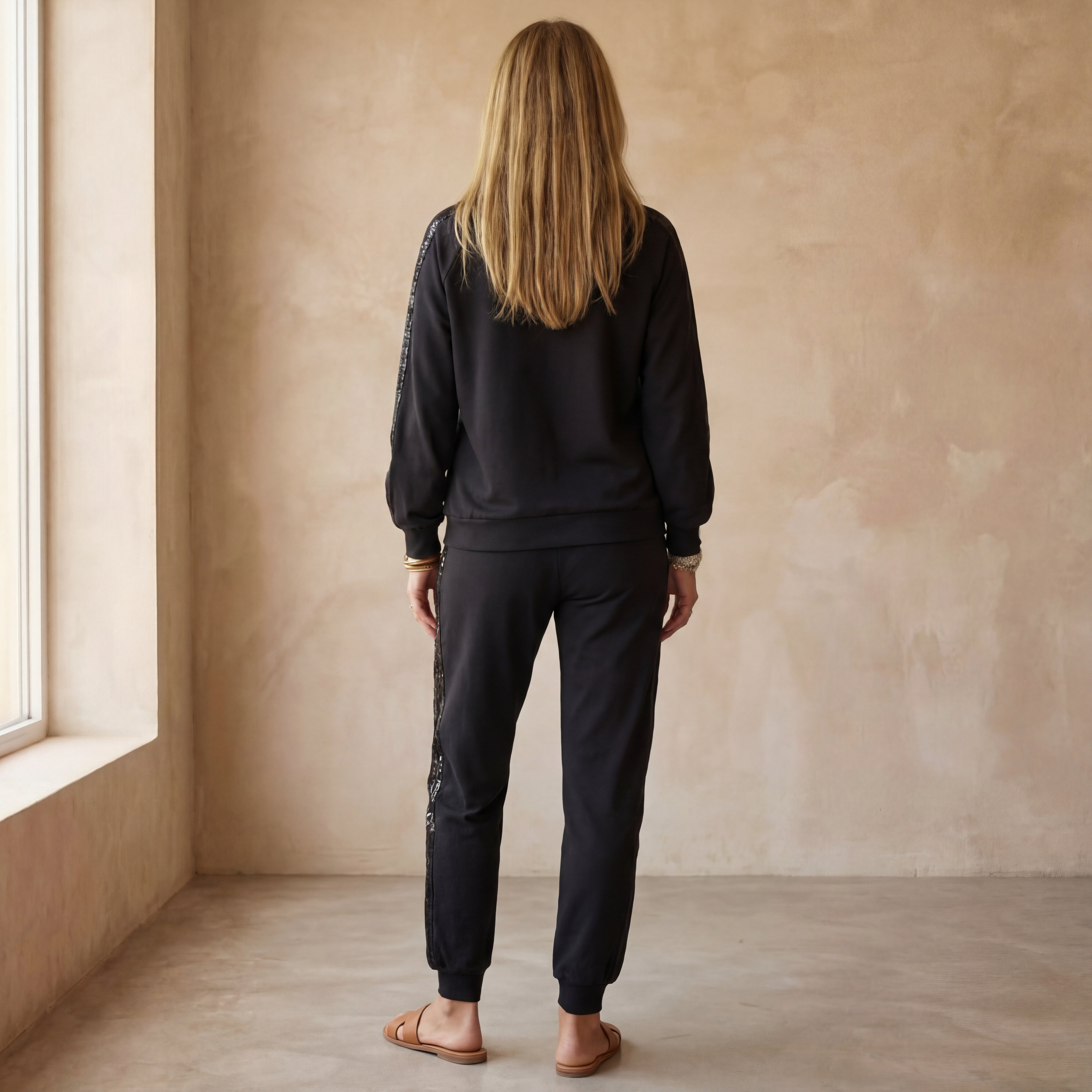 Chic Comfortable Sequin-Trim Hoodie & Jogger Set