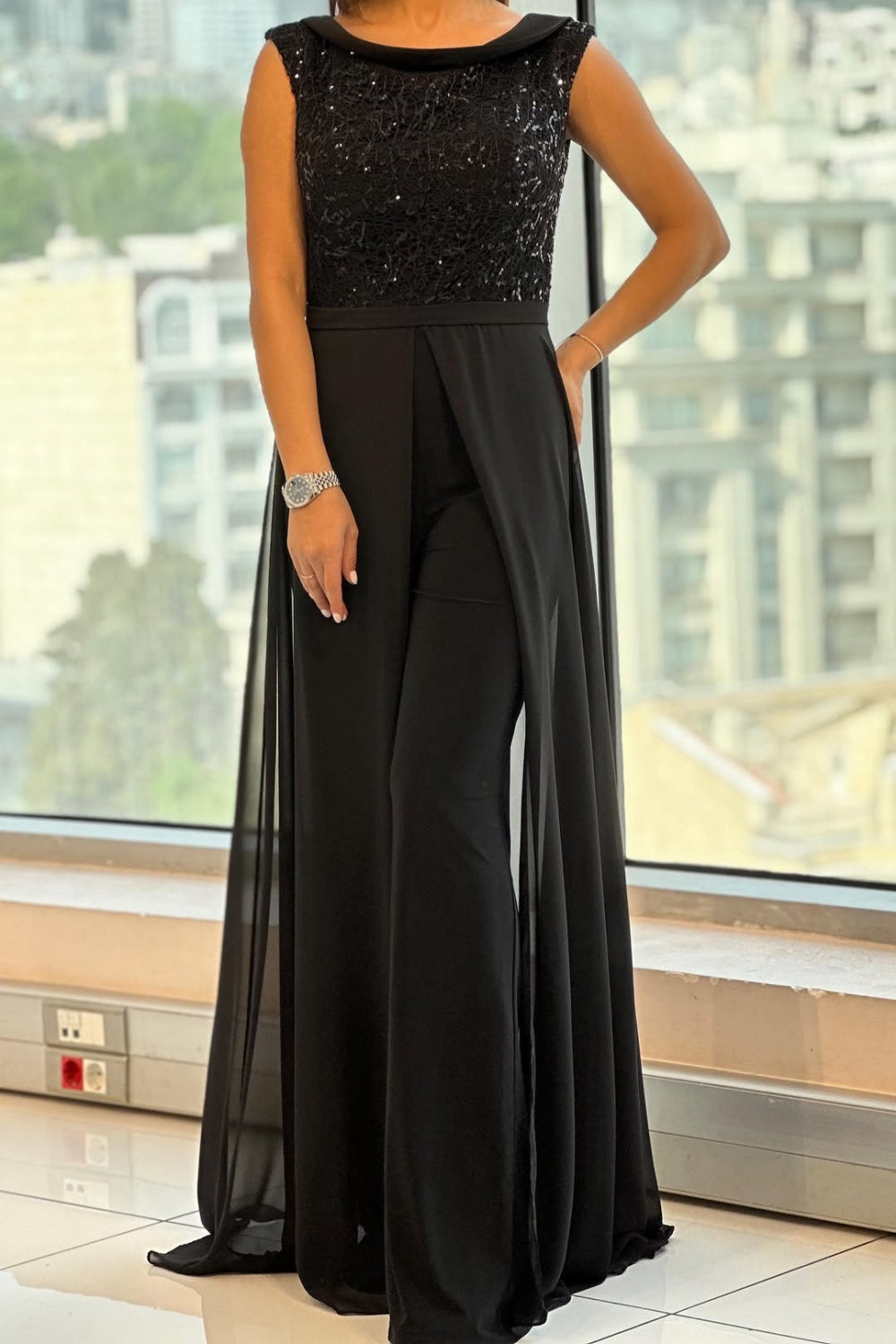Crew-neck textured-panel tulle jumpsuit