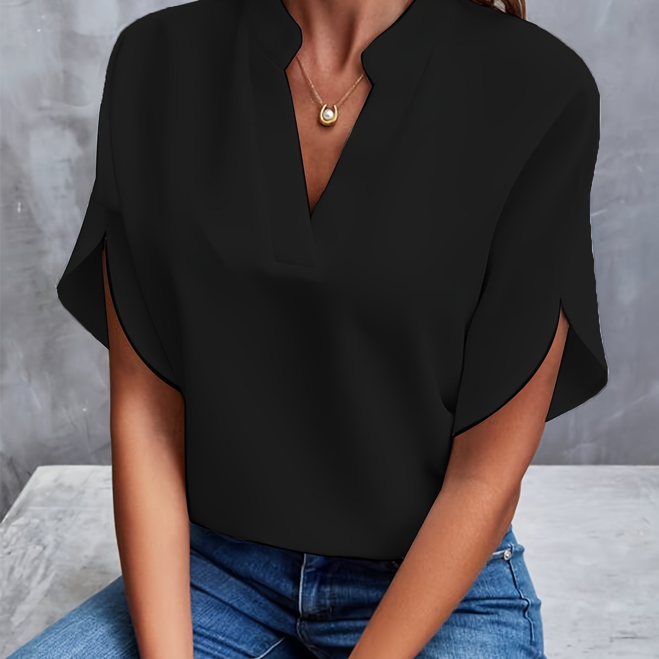 Notch Neck Tulip Sleeve Blouse