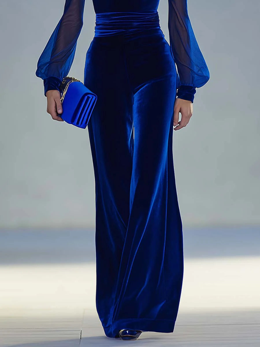 Retro elegant V-neck mesh long-sleeved royal jumpsuit
