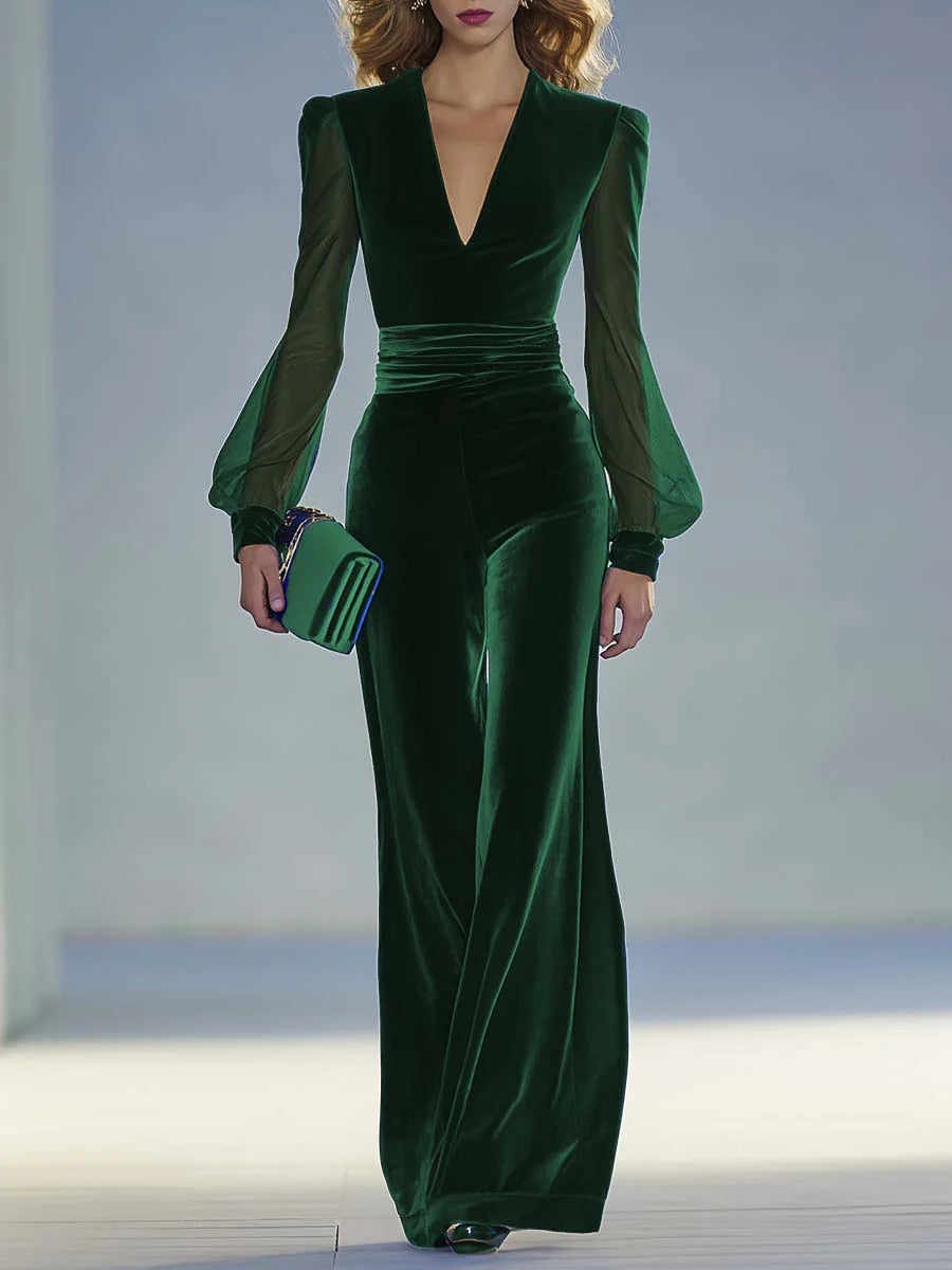 Retro elegant V-neck mesh long-sleeved royal jumpsuit
