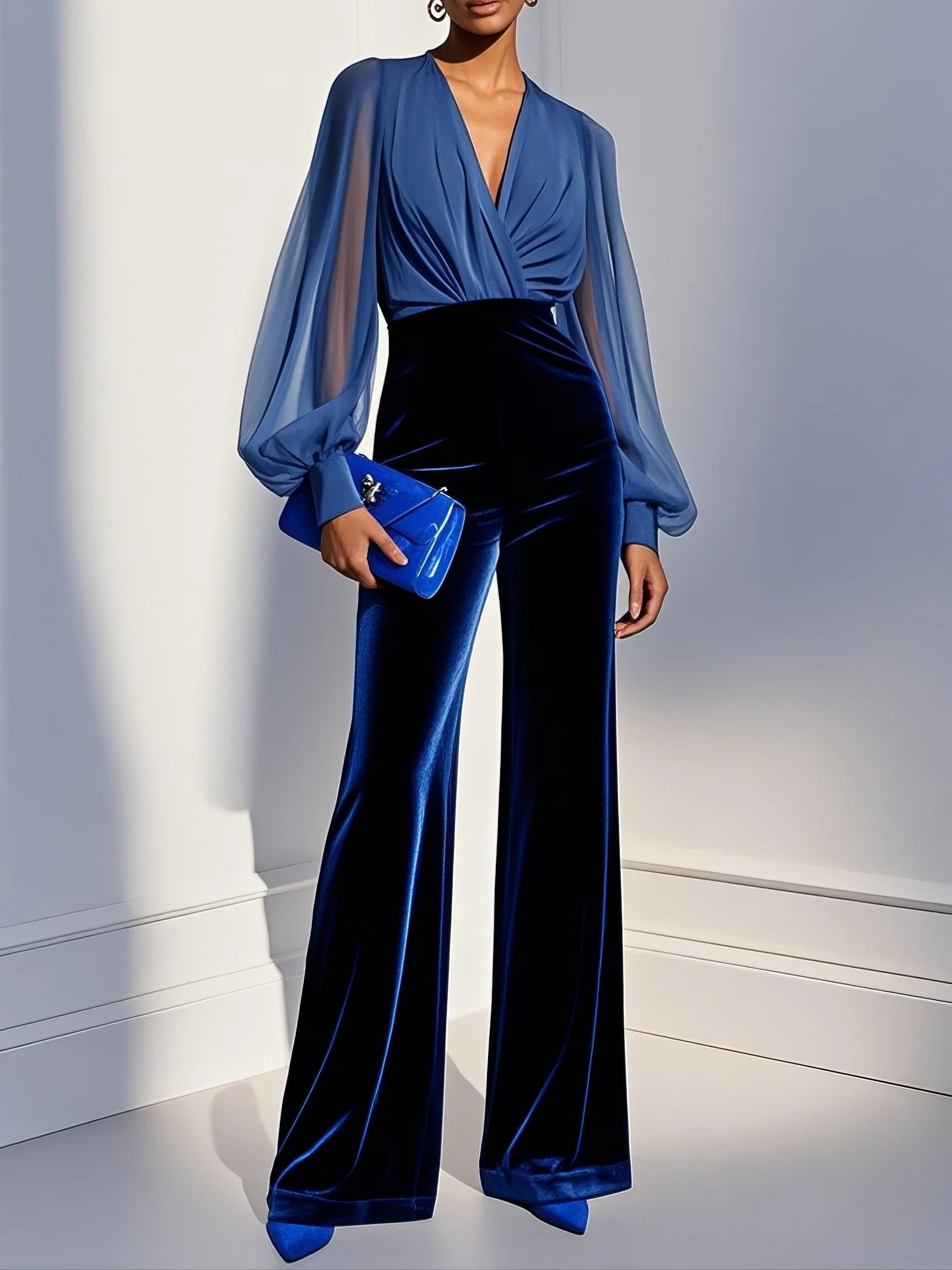 Blue mesh V-neck long-sleeved jumpsuit