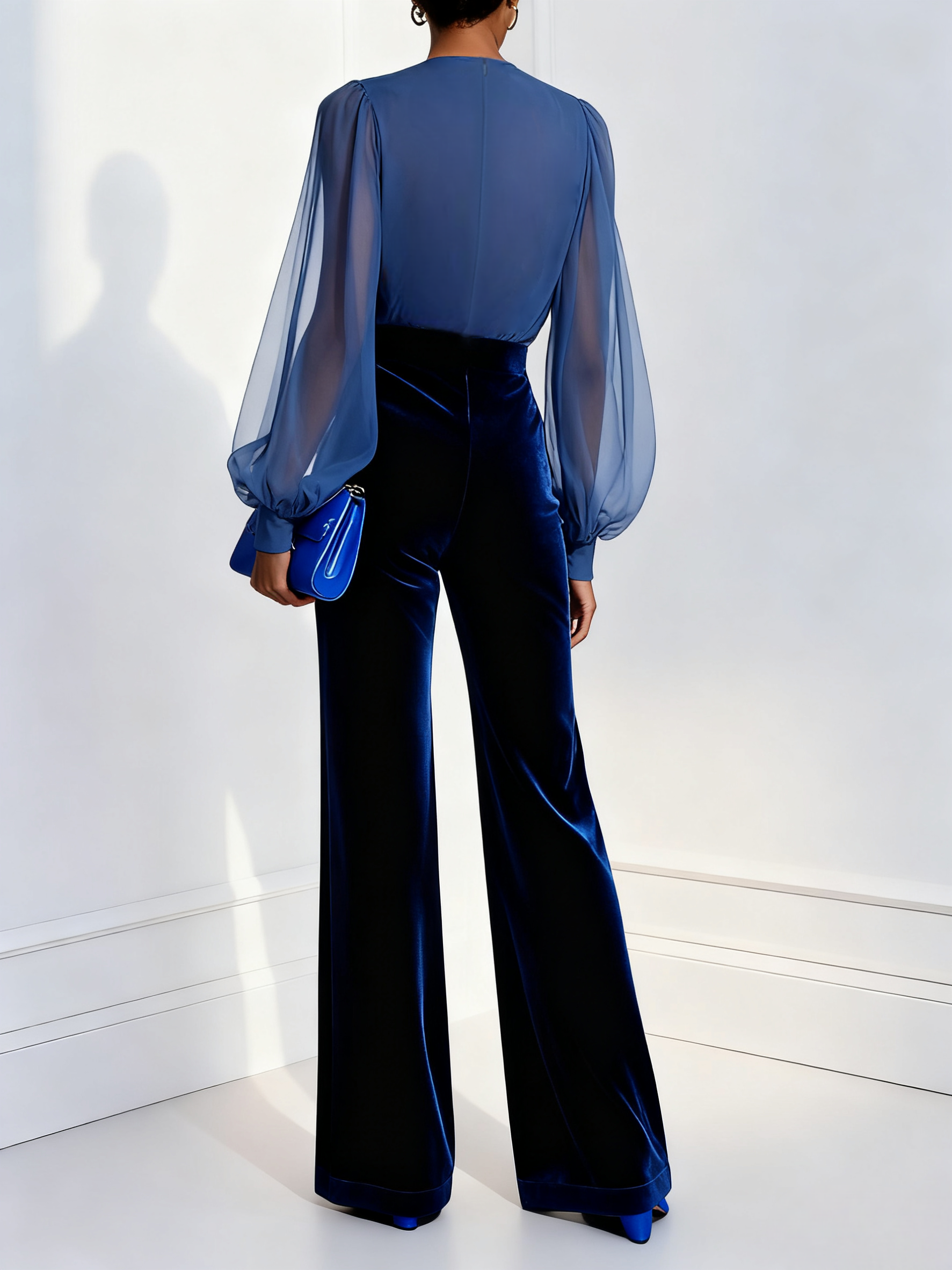 Blue mesh V-neck long-sleeved jumpsuit