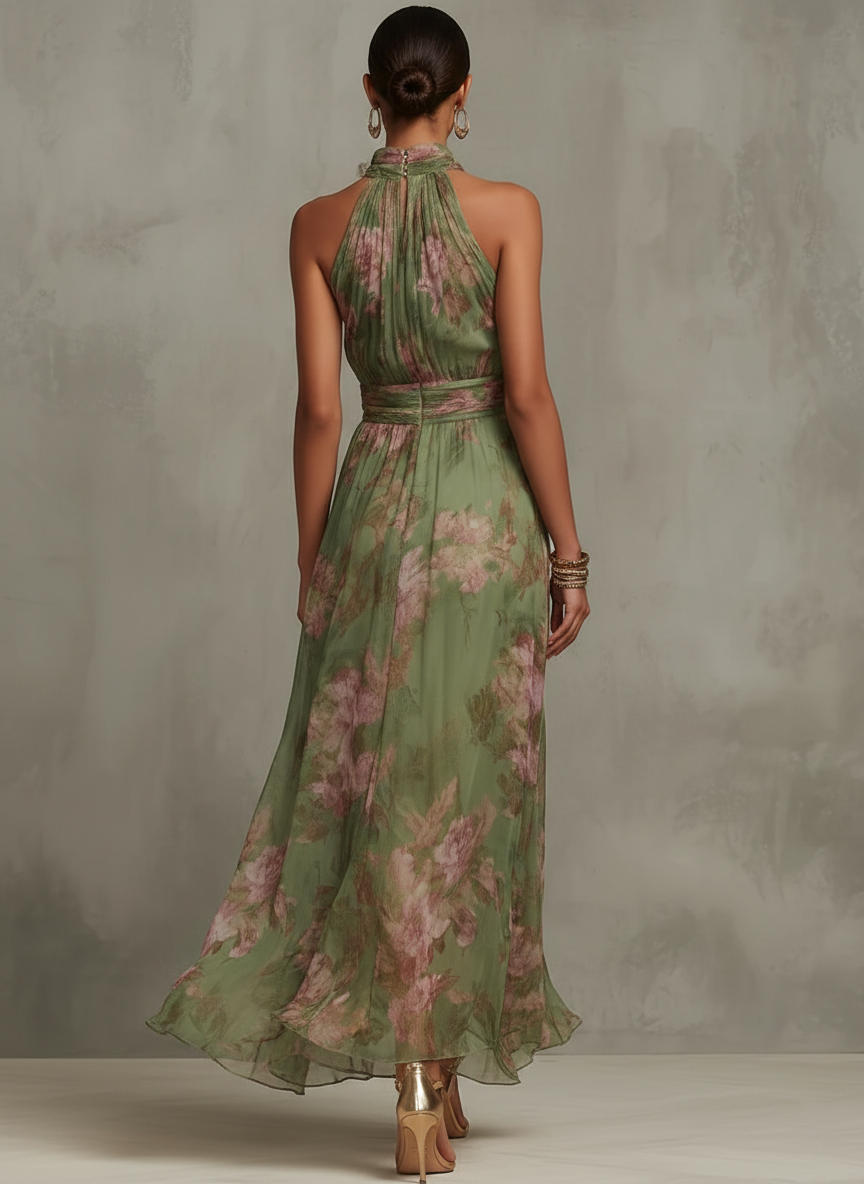 FloralHalo™ | Women's Floral Halter Neck Maxi Dress