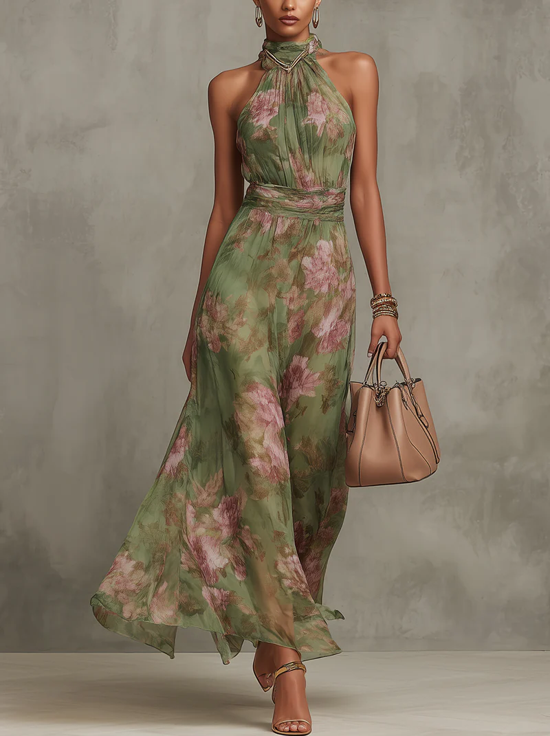 FloralHalo™ | Women's Floral Halter Neck Maxi Dress