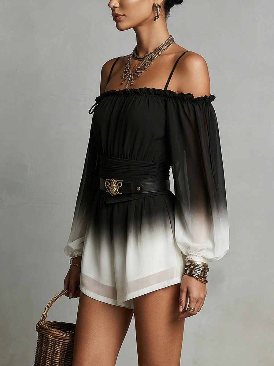 Black And White Gradient Off-shoulder Gradient Jumpsuit