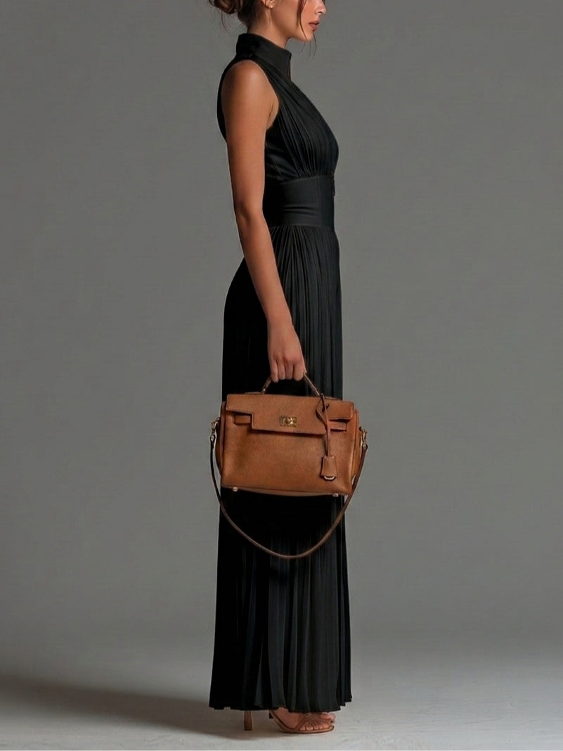 Black V-neck Sleeveless Zip-up Pleated Wide-leg Jumpsuit