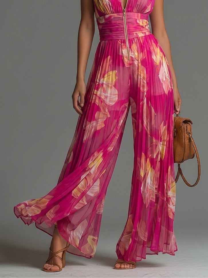 Fuchsia Floral Print Sleeveless Zippered Pleated Wide-leg Jumpsuit