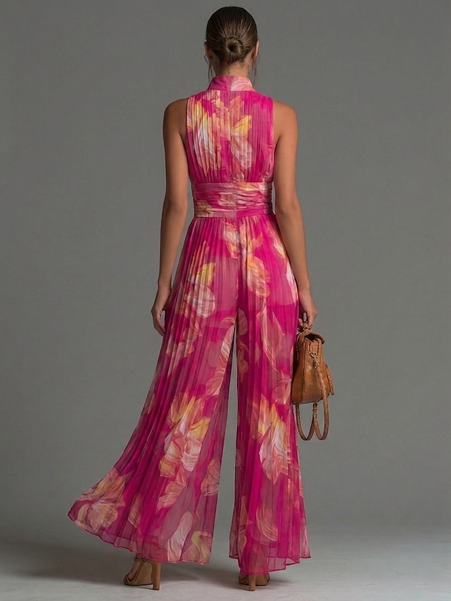 Fuchsia Floral Print Sleeveless Zippered Pleated Wide-leg Jumpsuit