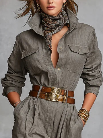 Blended Long Sleeve Shirt Jumpsuit