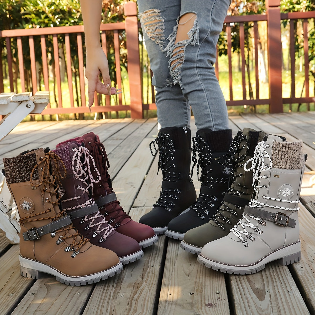 Cordelia™ | Knit-cuff buckle-strapped lace-up hiking boots