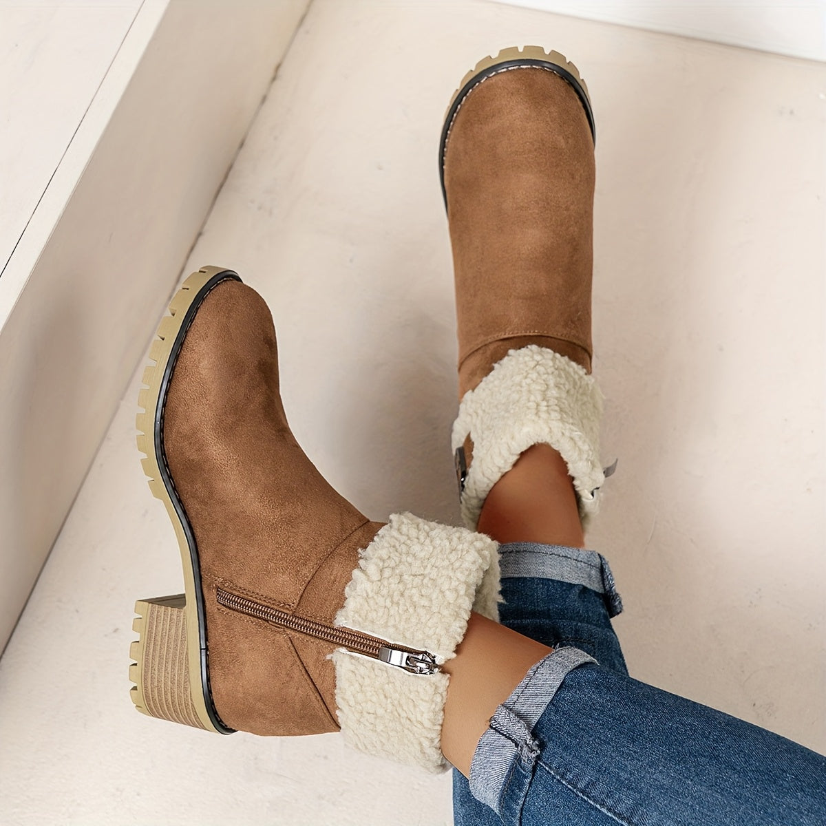 Mirella™ | Sherpa-cuff buckled side-zip heeled ankle boots