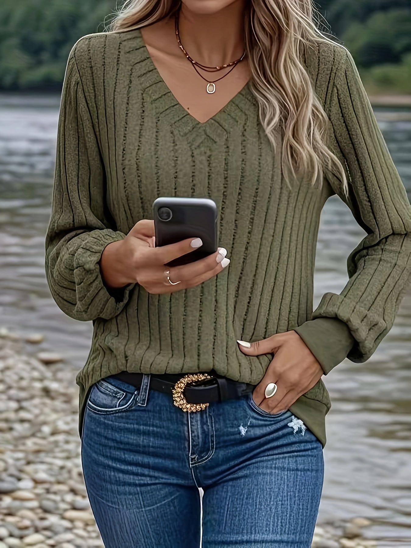 Anouk™ | Ribbed Knit Long-Sleeve V-Neck Pullover Sweater