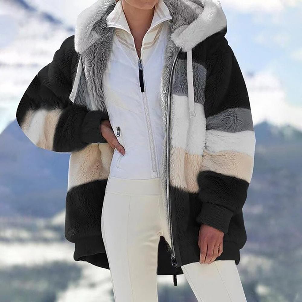 Oversized Color Block Fuzzy Hooded Jacket