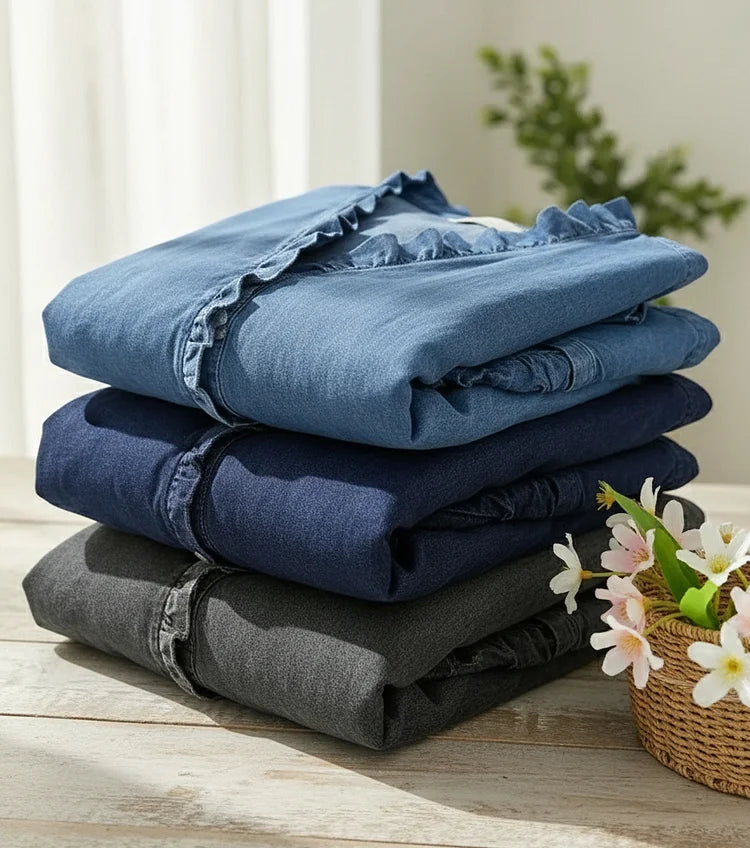 Chic Feminine Ruffle-Trim Denim Blouse