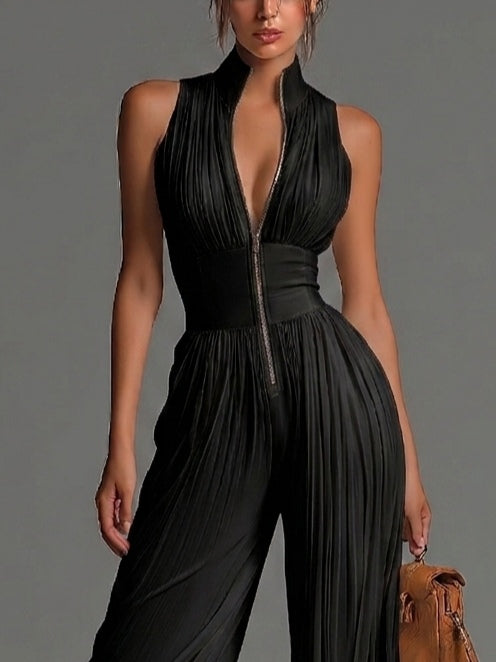 Black V-neck Sleeveless Zip-up Pleated Wide-leg Jumpsuit