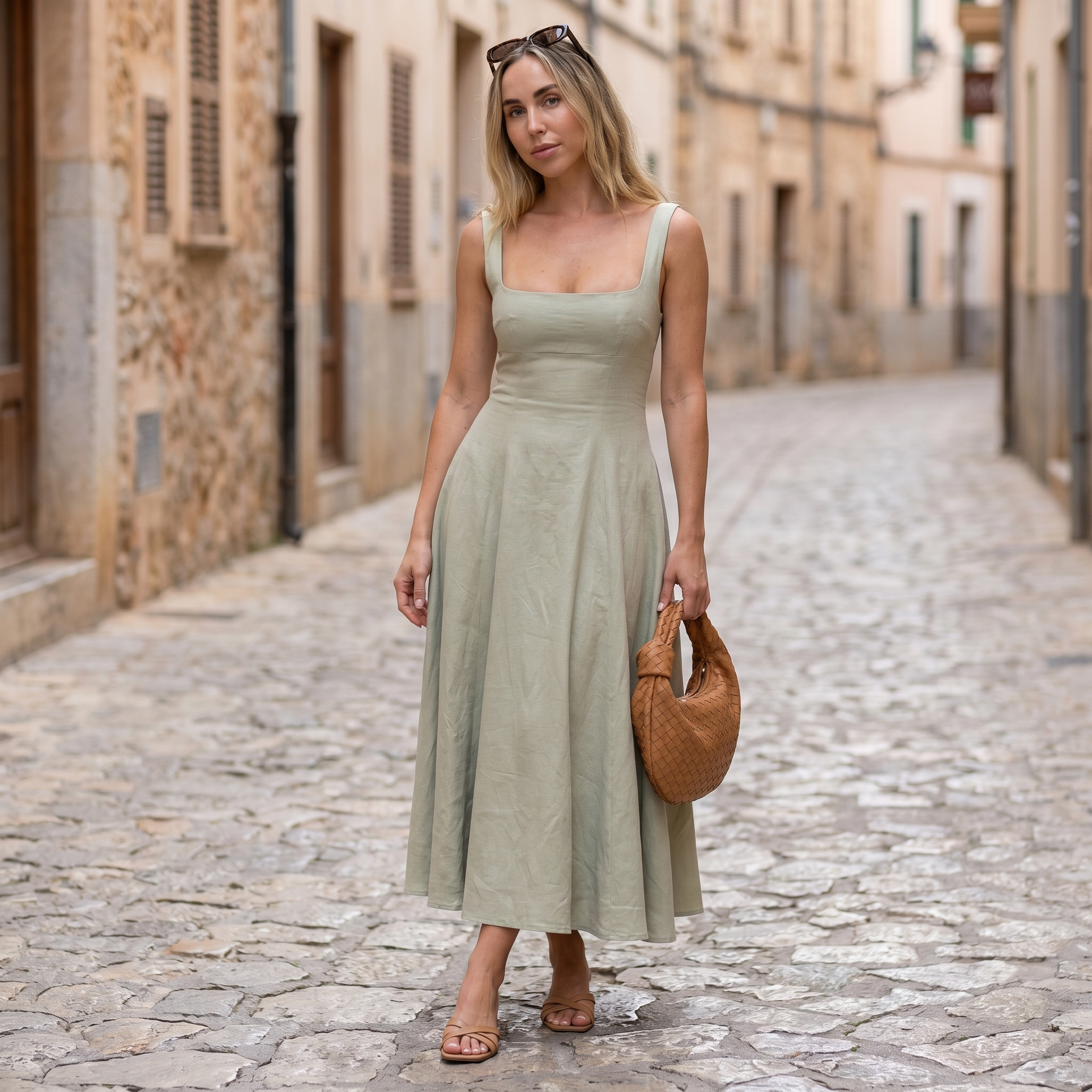 GraceFlow™ | Women's Square Neck Midi Swing Dress