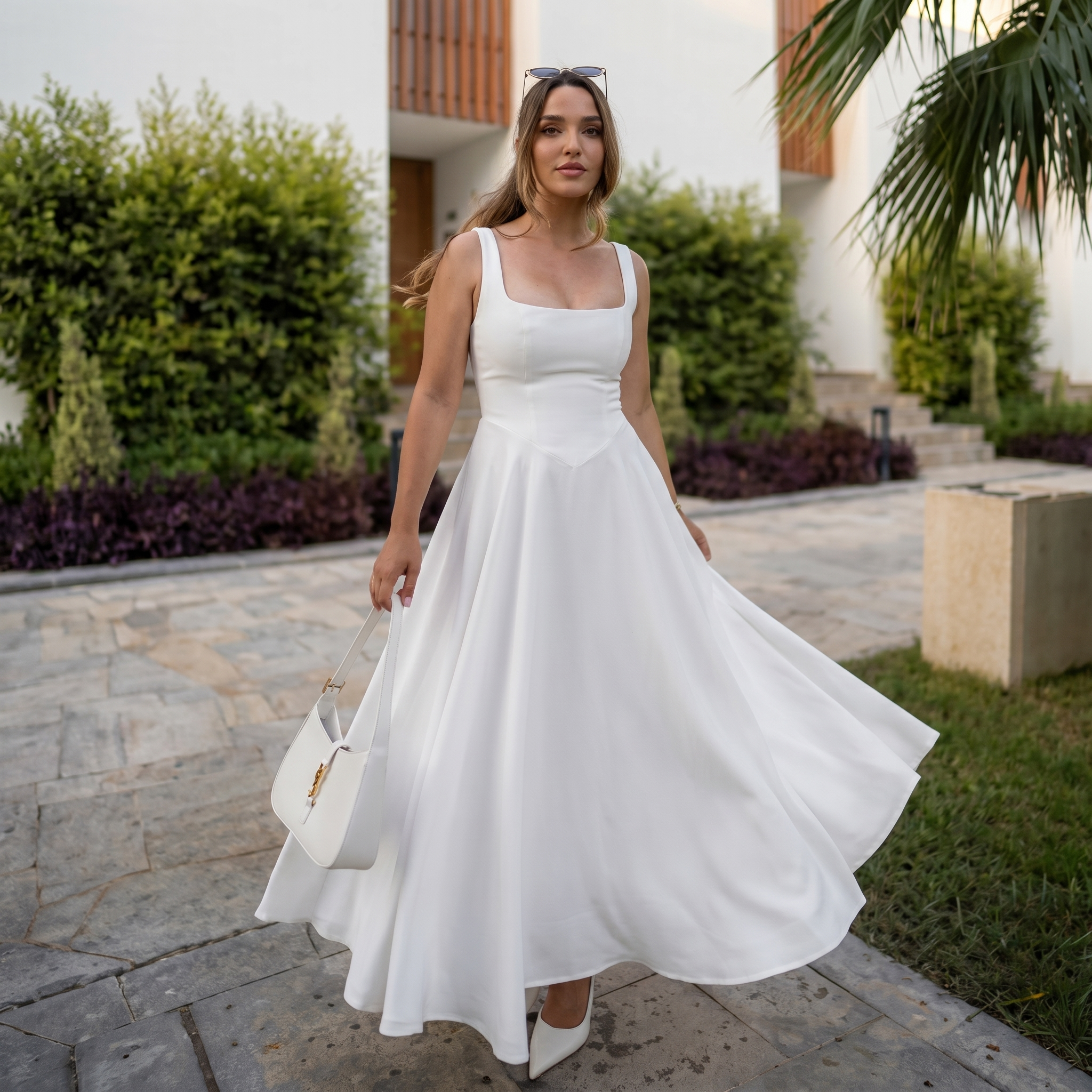 GraceFlow™ | Women's Square Neck Midi Swing Dress