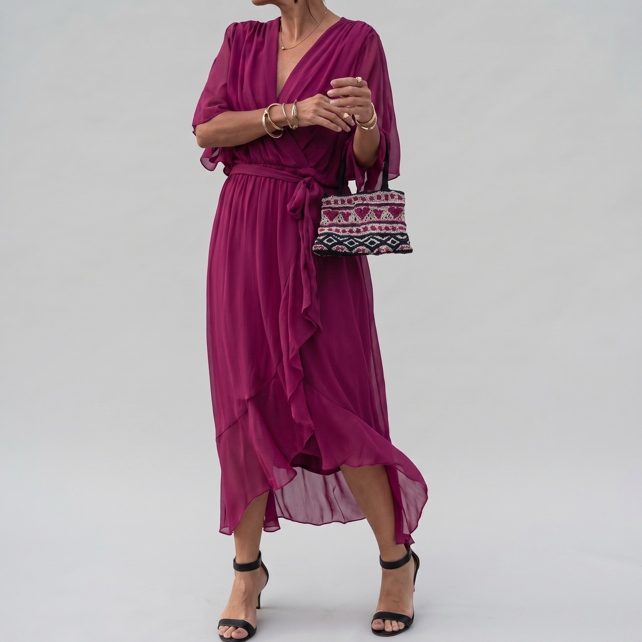 SilkDrape™ | Women's V-Neck Belted Chiffon Midi Dress