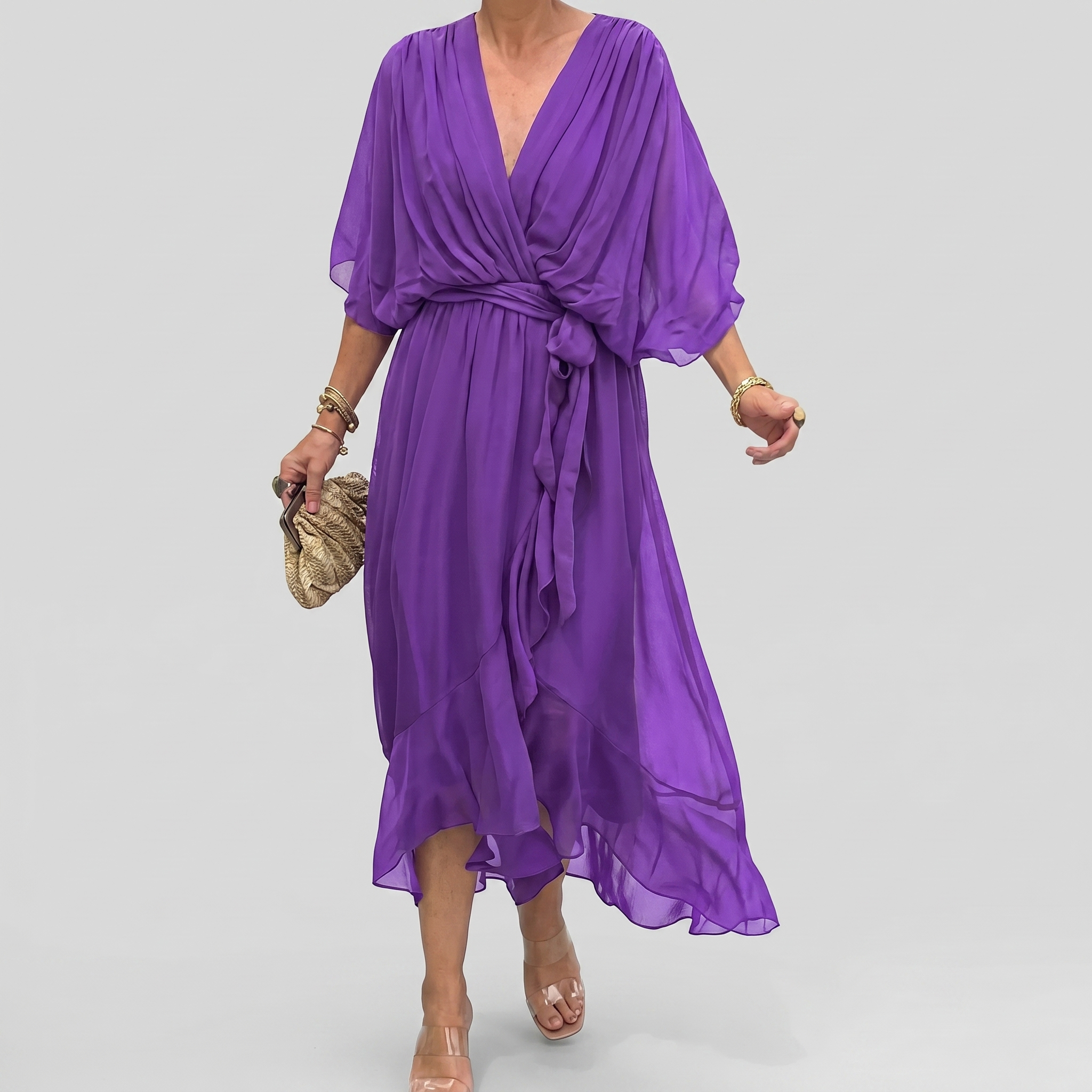 SilkDrape™ | Women's V-Neck Belted Chiffon Midi Dress