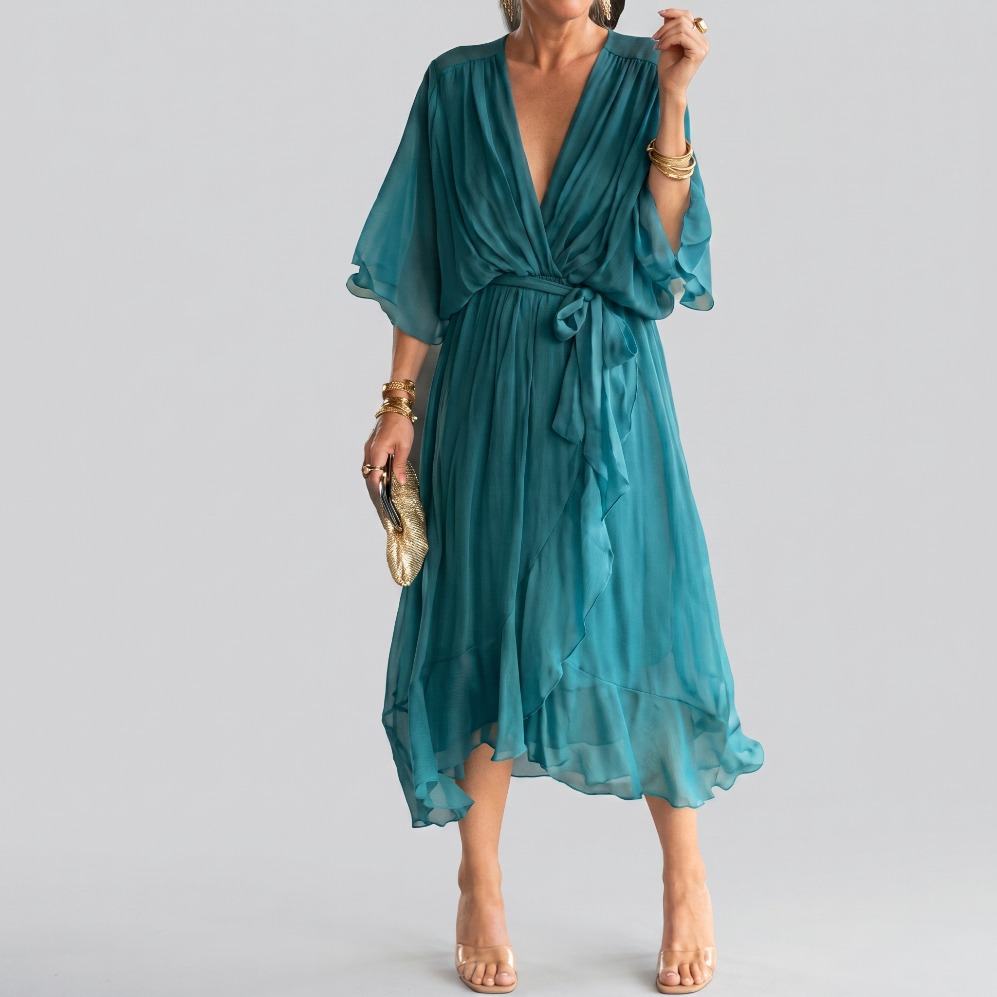 SilkDrape™ | Women's V-Neck Belted Chiffon Midi Dress