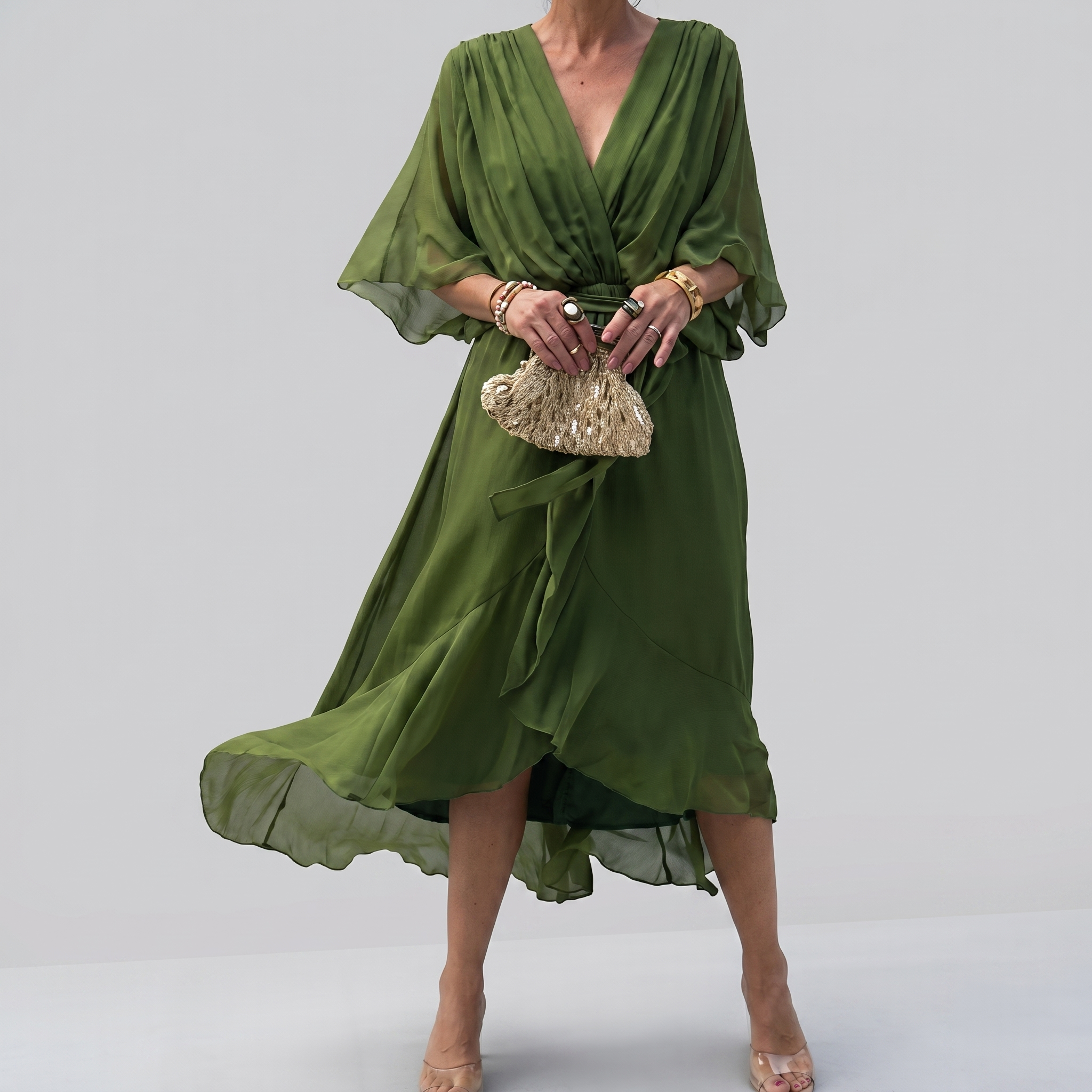 SilkDrape™ | Women's V-Neck Belted Chiffon Midi Dress
