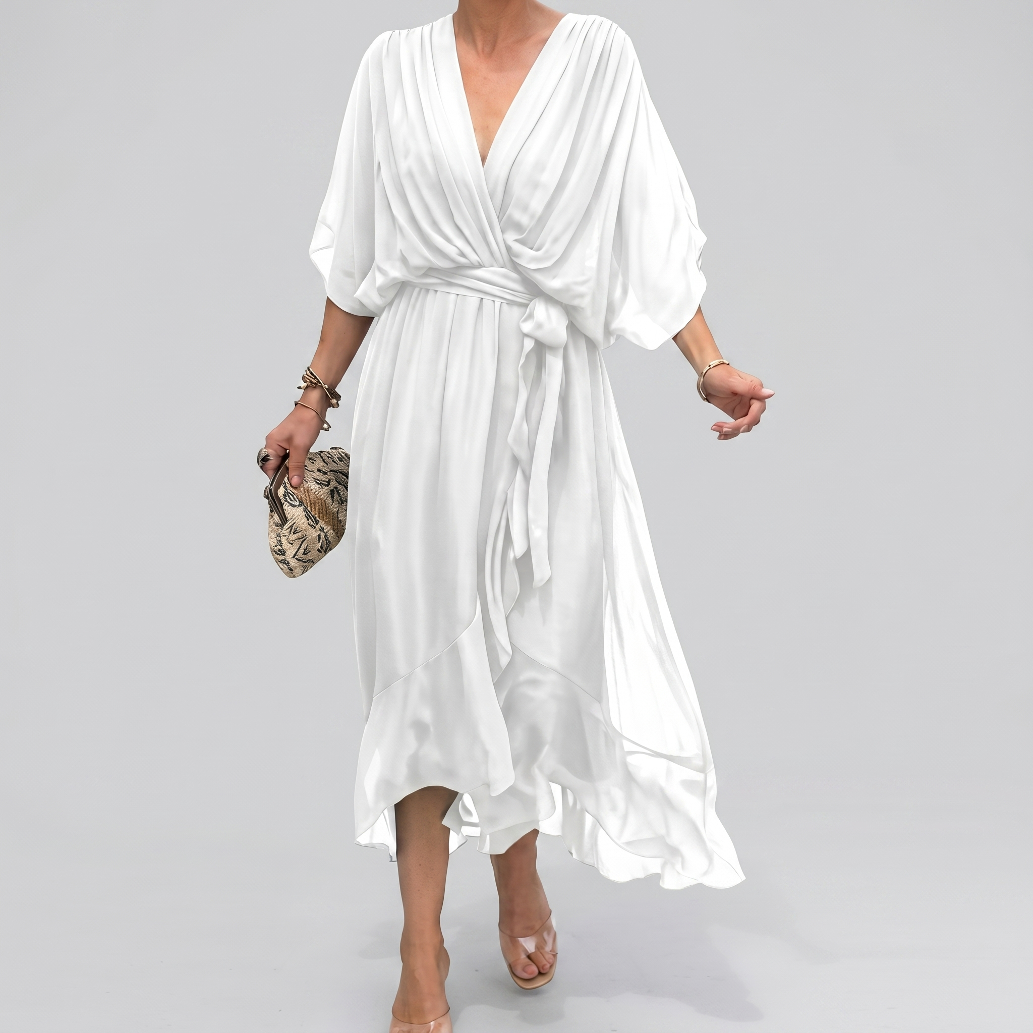SilkDrape™ | Women's V-Neck Belted Chiffon Midi Dress