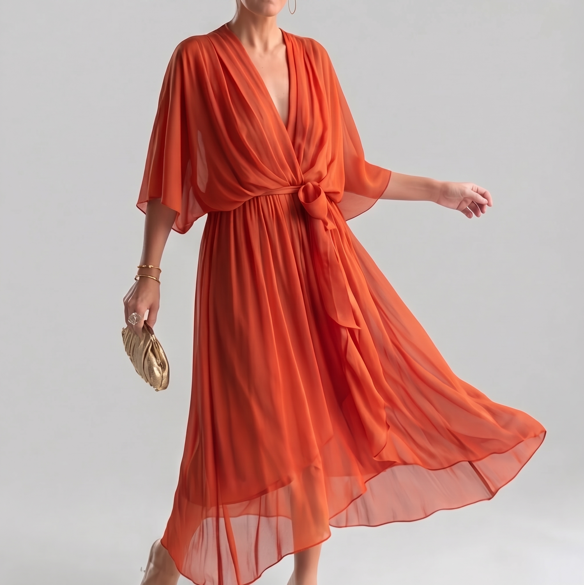SilkDrape™ | Women's V-Neck Belted Chiffon Midi Dress
