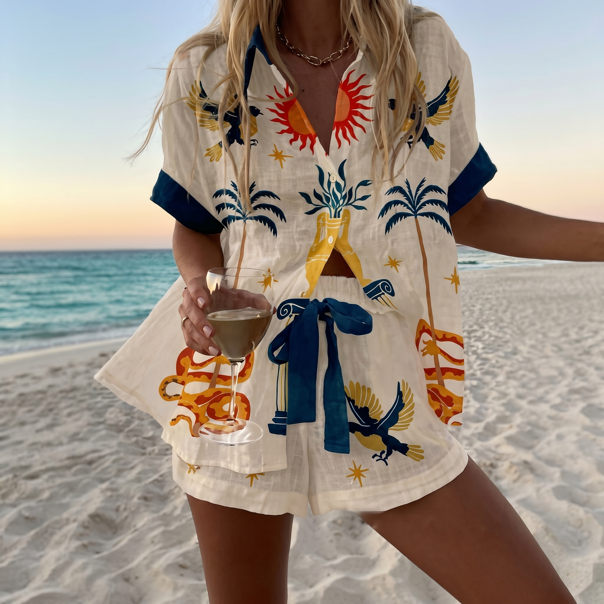 CoastalArt™ | Women's Printed Shirt & Shorts Beach Set