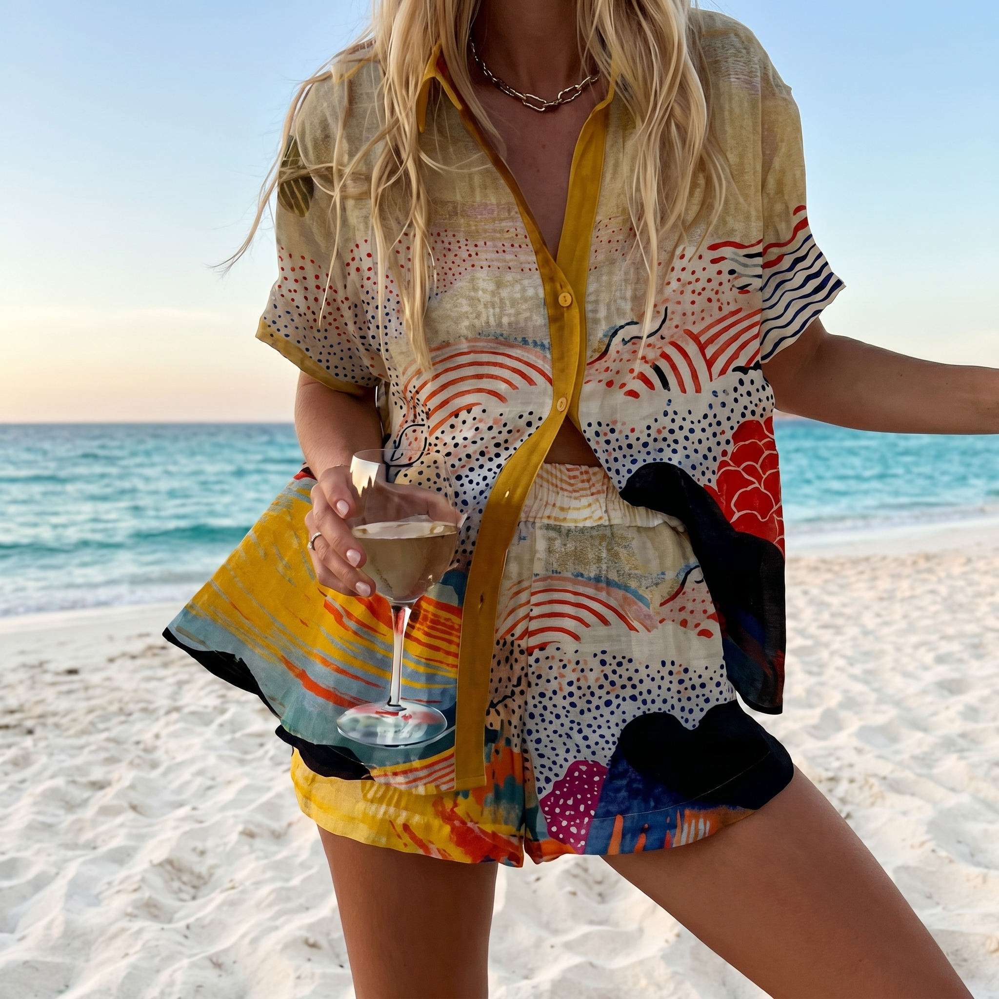 CoastalArt™ | Women's Printed Shirt & Shorts Beach Set