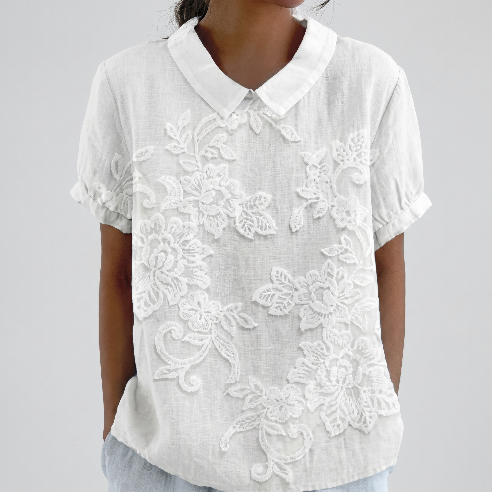 PetalCollar™ | Women's Print & Embroidery Short Sleeve Top